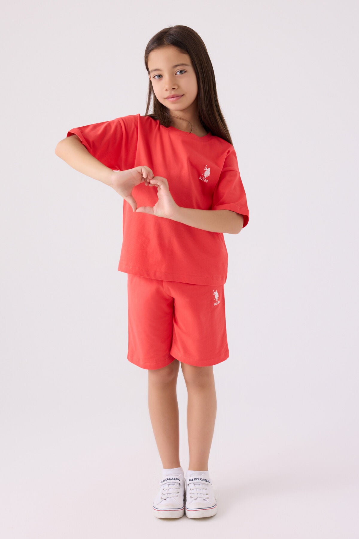 U.S. Polo Assn. Kız Çocuk Bisiklet Yaka Sargı Nakışlı Yazlık Regular Fit Pembe Bermuda Takım US1848-C-V8 Ürün ana görseli