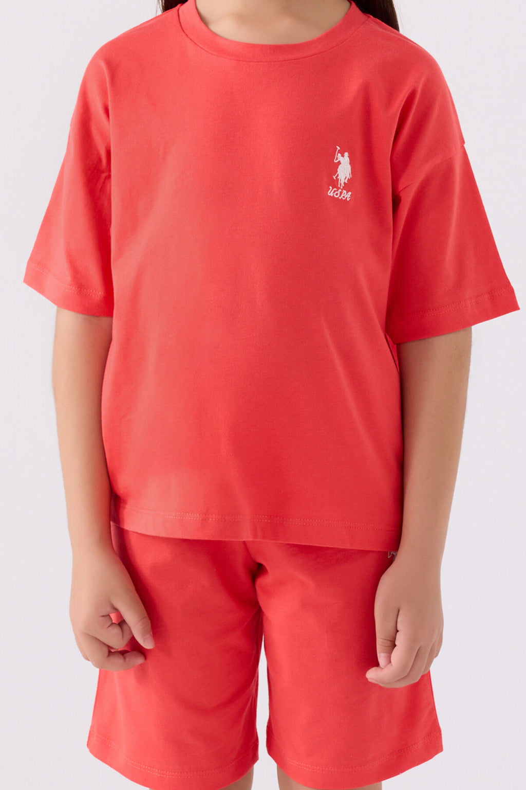U.S. Polo Assn. Kız Çocuk Bisiklet Yaka Sargı Nakışlı Yazlık Regular Fit Pembe Bermuda Takım US1848-C-V8