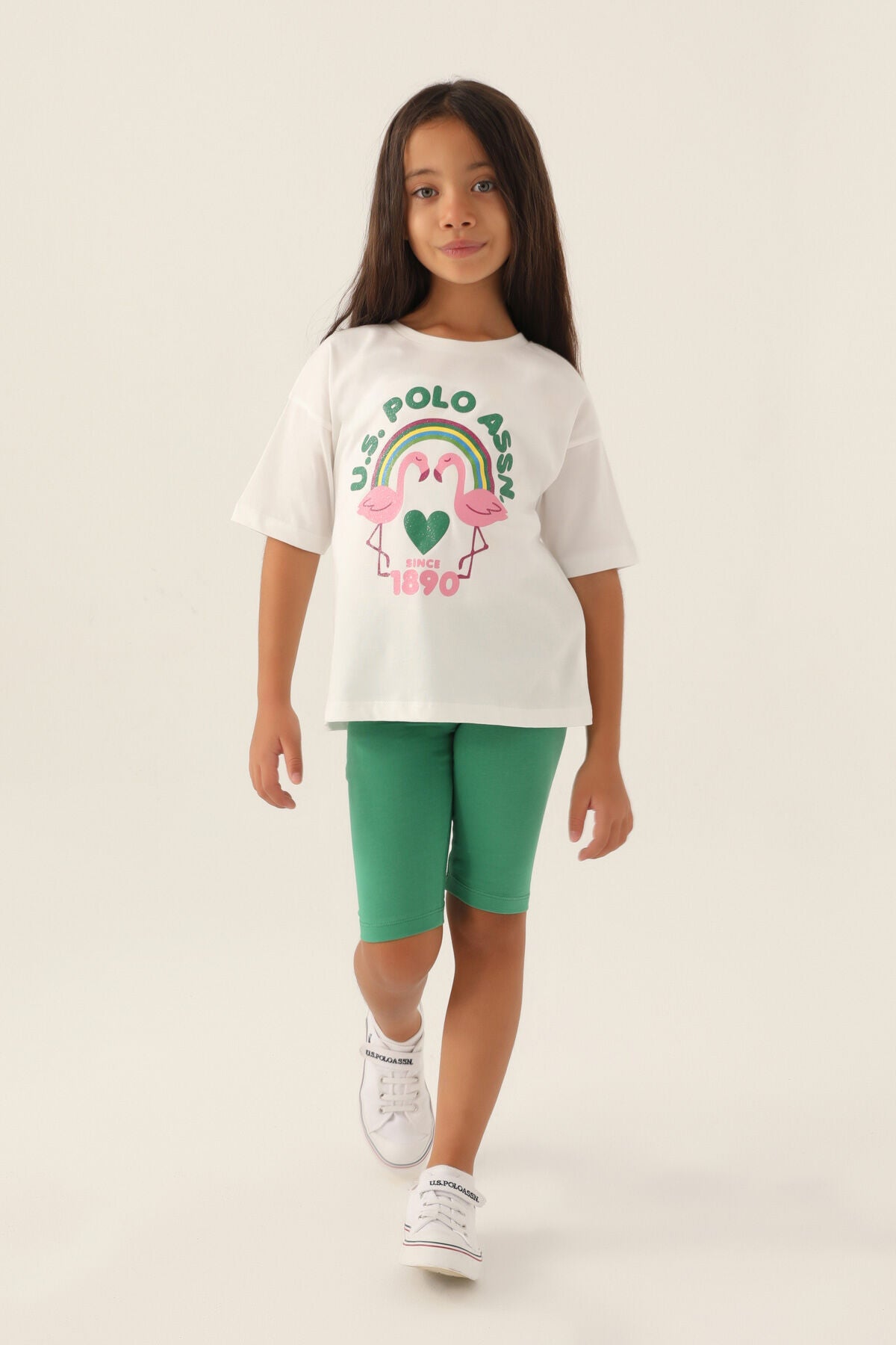 U.S. Polo Assn. Kız Çocuk Bisiklet Yaka Pigment Baskılı Yazlık Regular Fit Beyaz Bermuda Takım US1841-C-V2 Ürün ana görseli
