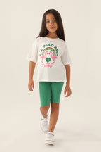 U.S. Polo Assn. Kız Çocuk Bisiklet Yaka Pigment Baskılı Yazlık Regular Fit Beyaz Bermuda Takım US1841-C-V2