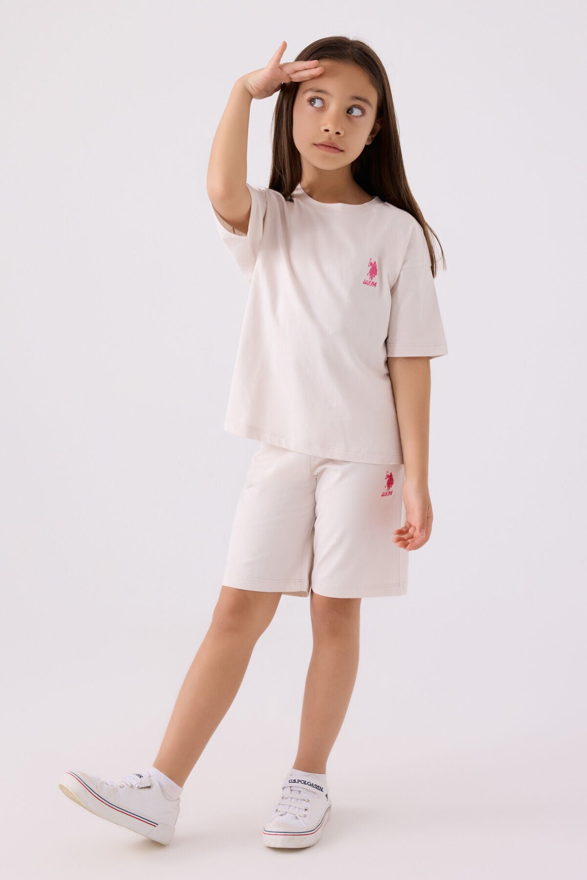 U.S. Polo Assn. Kız Çocuk Bisiklet Yaka Sargı Nakışlı Yazlık Regular Fit Krem Bermuda Takım US1848-C-V18 Ürün ana görseli