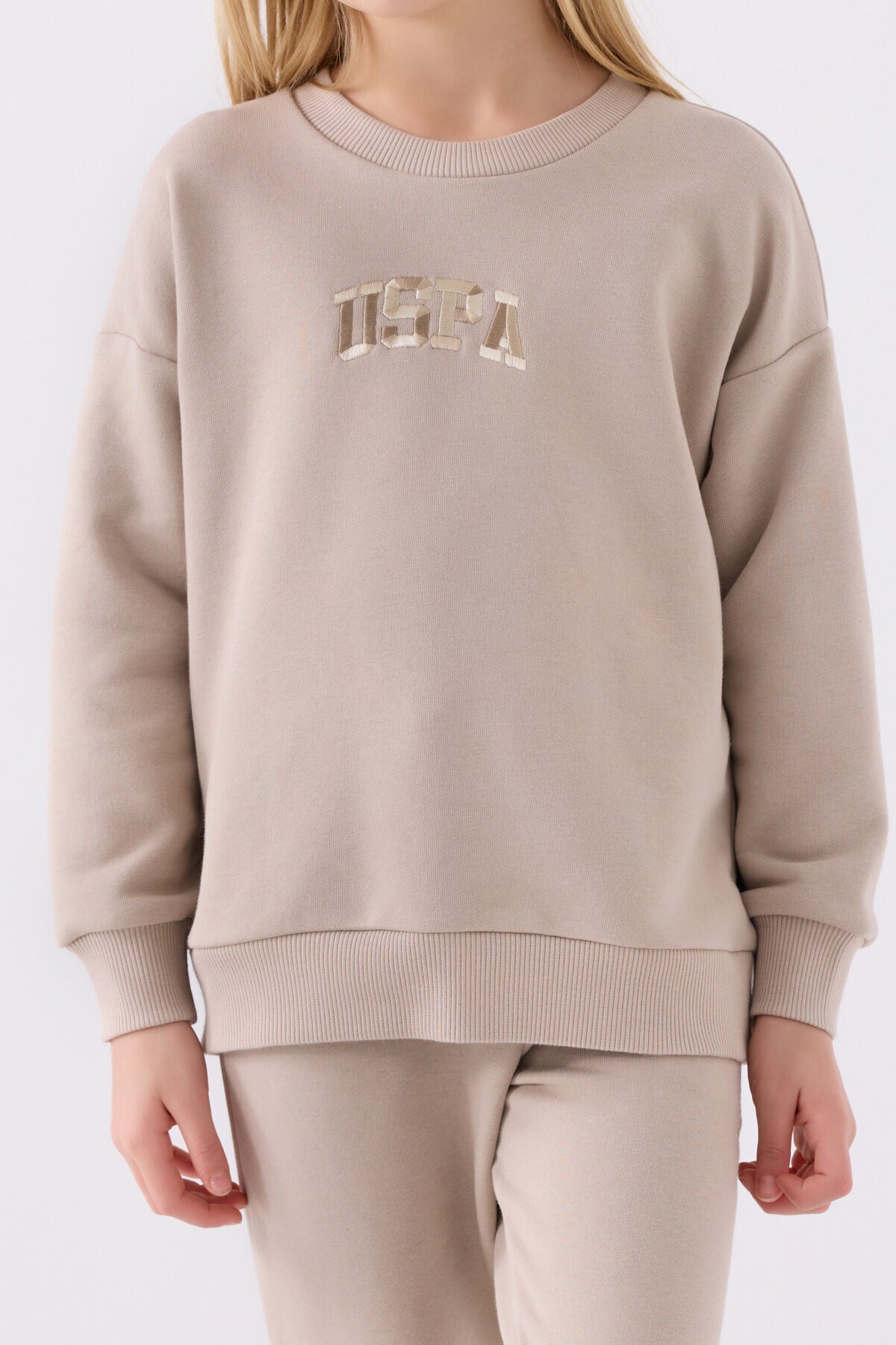 U.S. Polo Assn. Kız Çocuk Bisiklet Yaka Nakışlı Kışlık Regular Fit Krem Eşofman Takımı US1979-C-V3