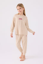 U.S. Polo Assn. Kız Çocuk Bisiklet Yaka Pigment Baskılı Kışlık Regular Fit Krem Pijama Takımı US1987-C-V1