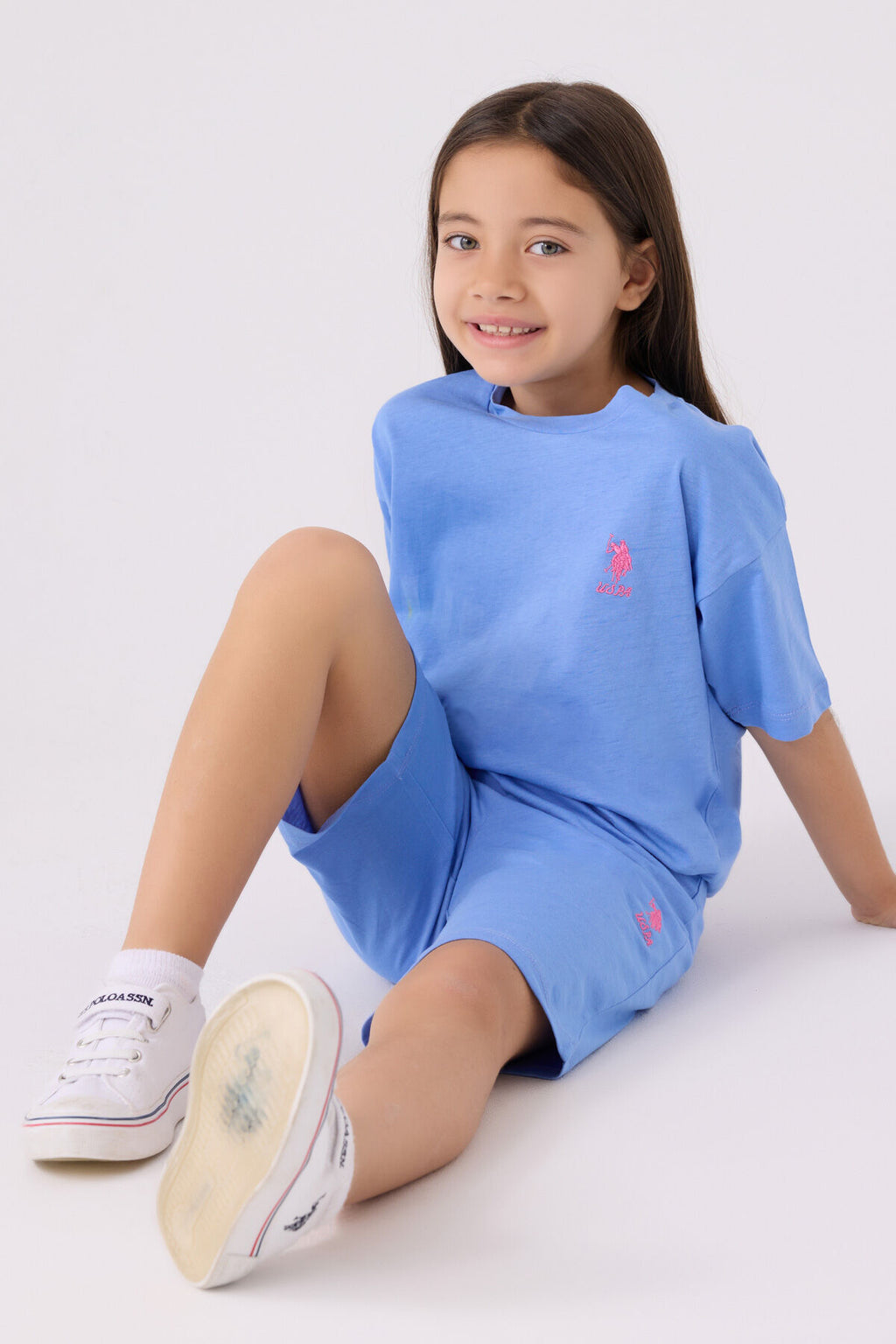 U.S. Polo Assn. Kız Çocuk Bisiklet Yaka Sargı Nakışlı Yazlık Regular Fit Mavi Bermuda Takım US1848-C-V51