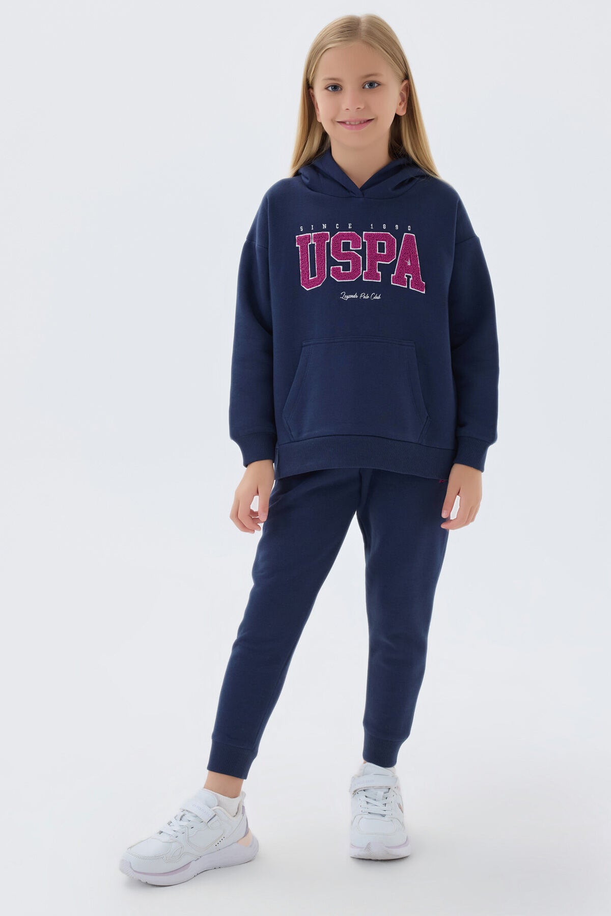 U.S. Polo Assn. Kız Çocuk Pamuklu Kapüşonlu Süzene Nakışlı Kışlık Regular Fit Mavi Eşofman Takımı US1601-C-V2 Ürün ana görseli