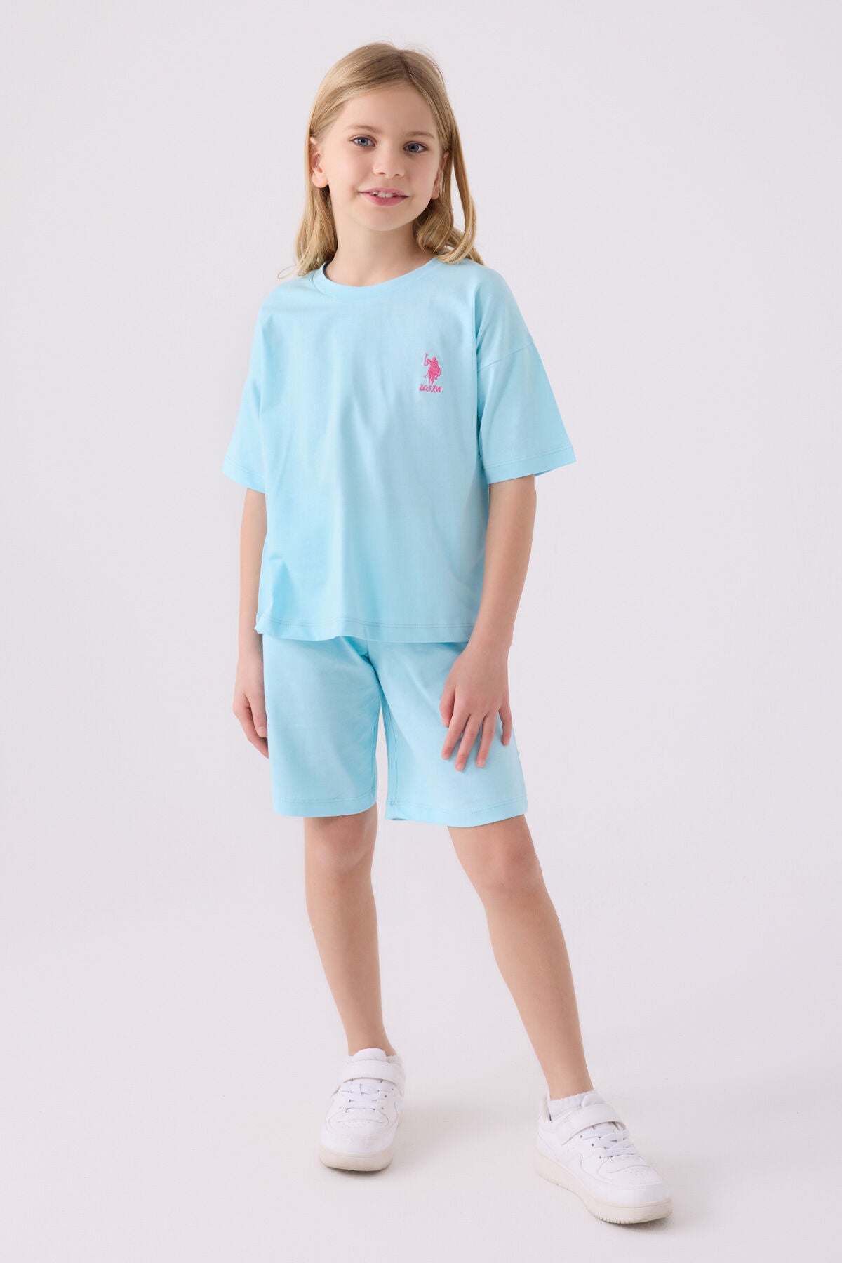 U.S. Polo Assn. Kız Çocuk Bisiklet Yaka Sargı Nakışlı Yazlık Regular Fit Mavi Bermuda Takım US1848-C-V4