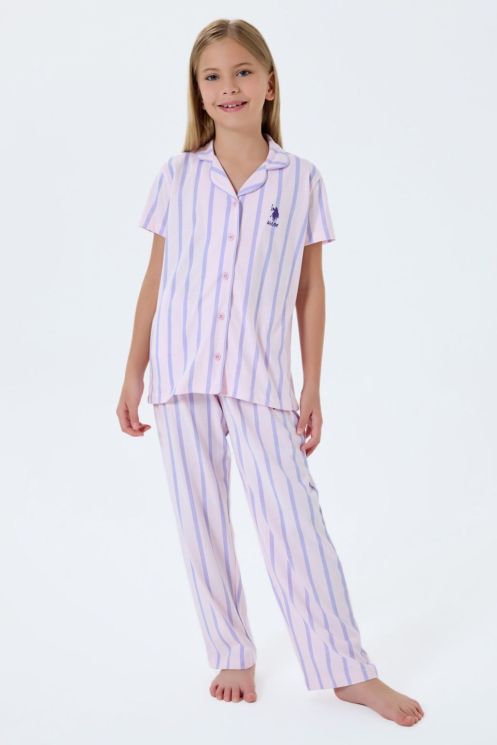 U.S. Polo Assn. Kız Çocuk Gömlek Yaka Nakışlı Yazlık Relaxed Fit Mor Pijama Takımı US2533-C-V1