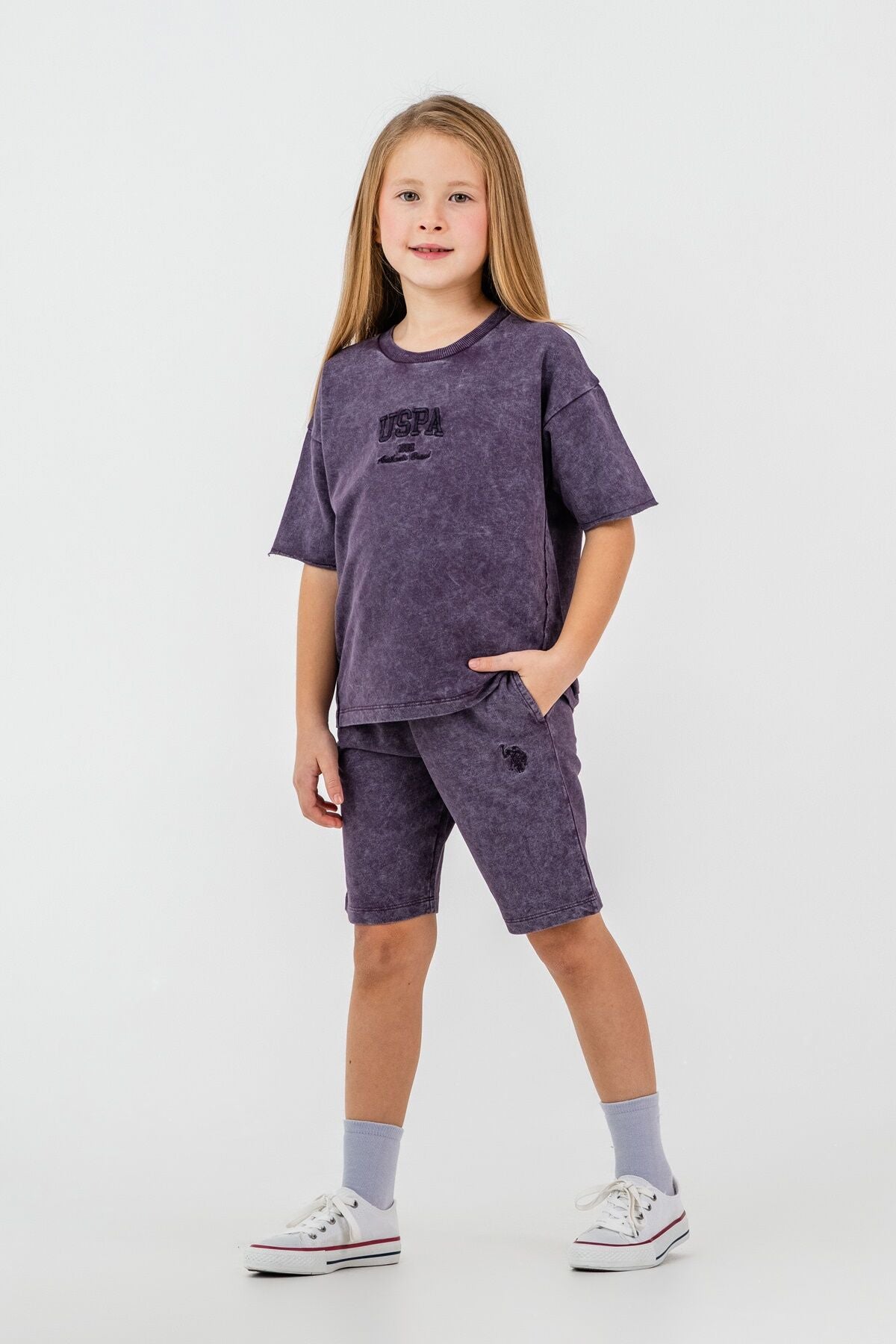 U.S. Polo Assn. Kız Çocuk Bisiklet Yaka Nakışlı Yazlık Regular Fit Mor Bermuda Takım US2530-C-V4 Ürün ana görseli