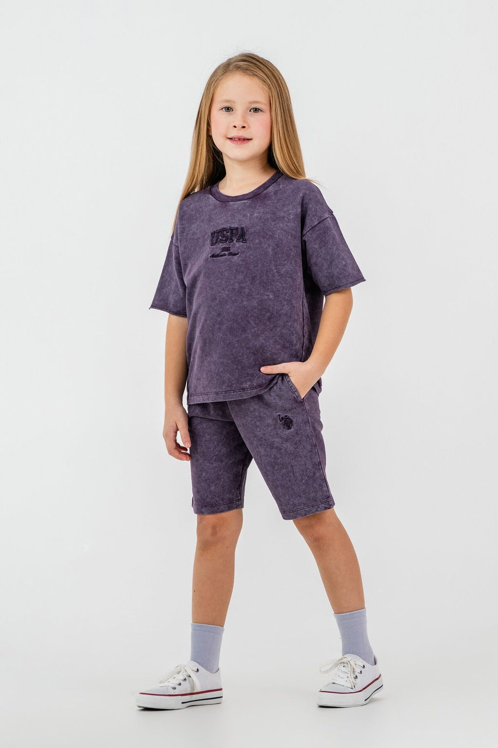 U.S. Polo Assn. Kız Çocuk Bisiklet Yaka Nakışlı Yazlık Regular Fit Mor Bermuda Takım US2530-C-V4