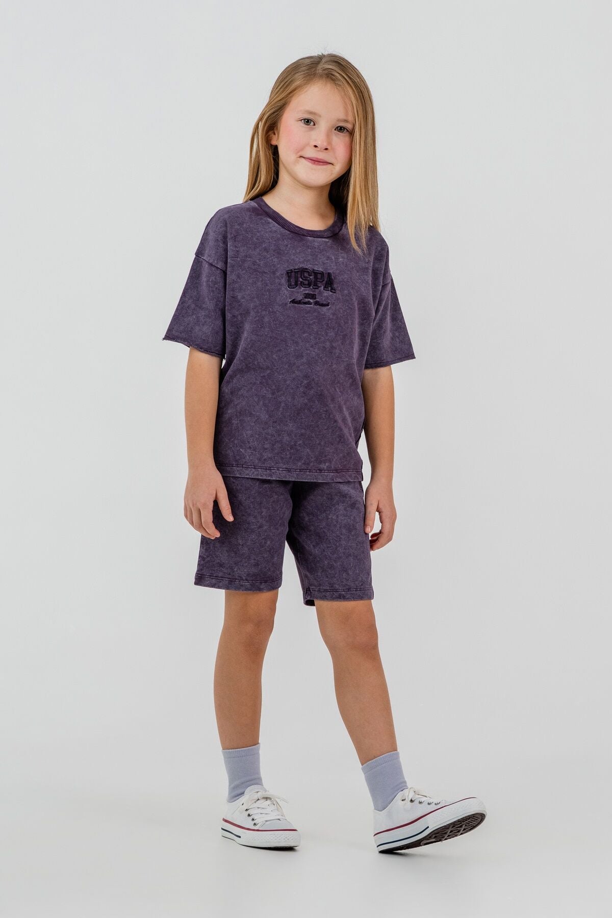 U.S. Polo Assn. Kız Çocuk Bisiklet Yaka Nakışlı Yazlık Regular Fit Mor Bermuda Takım US2530-C-V4 Ürün ikincil görseli