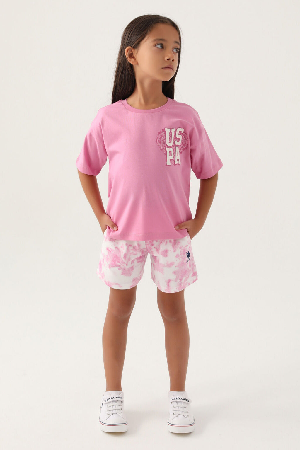 U.S. Polo Assn. Kız Çocuk Bisiklet Yaka Pigment Baskılı Yazlık Regular Fit Mor Şort Takım US1820-C-V1