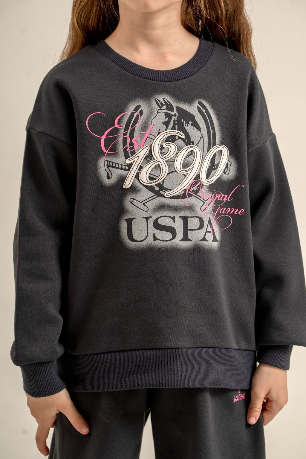 U.S. Polo Assn. Kız Çocuk Nakışlı Antrasit Uzun Kol Eşofman Takımı US2713-C-V2