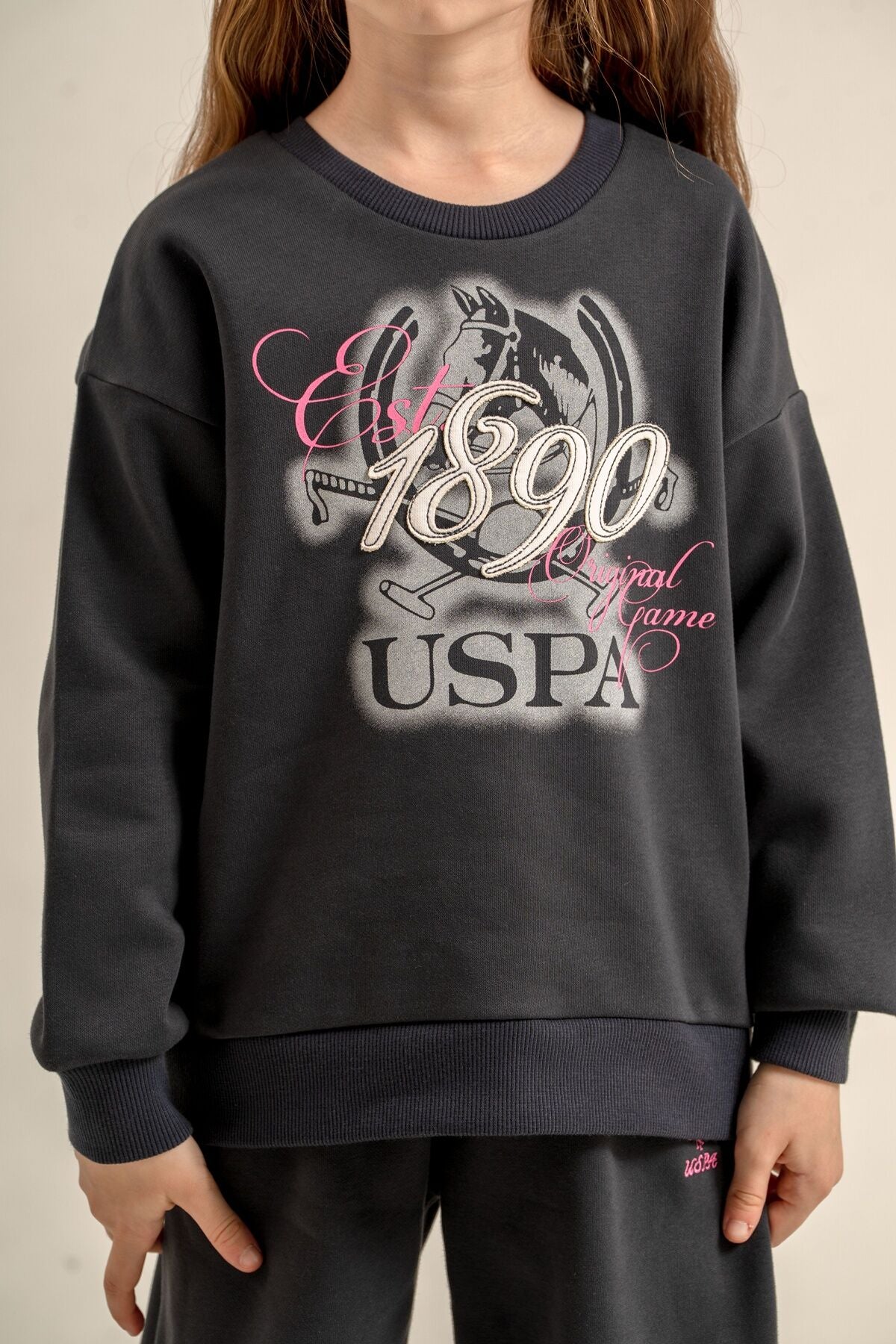 U.S. Polo Assn. Kız Çocuk Nakışlı Antrasit Uzun Kol Eşofman Takımı US2713-C-V2