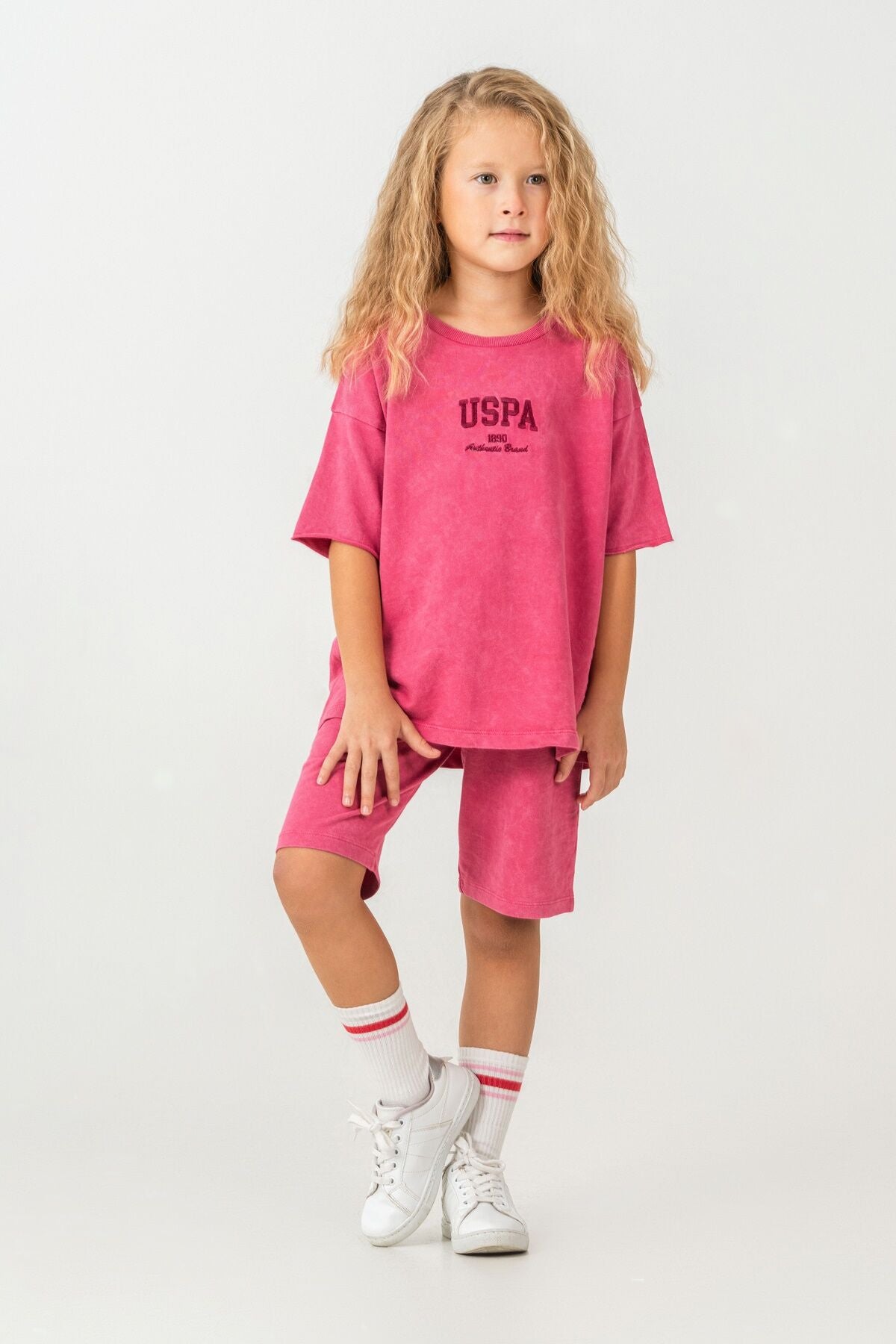 U.S. Polo Assn. Kız Çocuk Bisiklet Yaka Nakışlı Yazlık Regular Fit Pembe Bermuda Takım US2530-C-V2 Ürün ana görseli