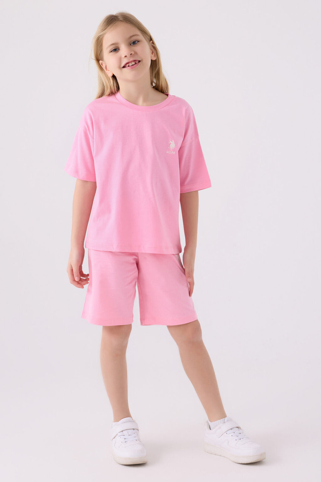 U.S. Polo Assn. Kız Çocuk Bisiklet Yaka Sargı Nakışlı Yazlık Regular Fit Pembe Bermuda Takım US1848-C-V21