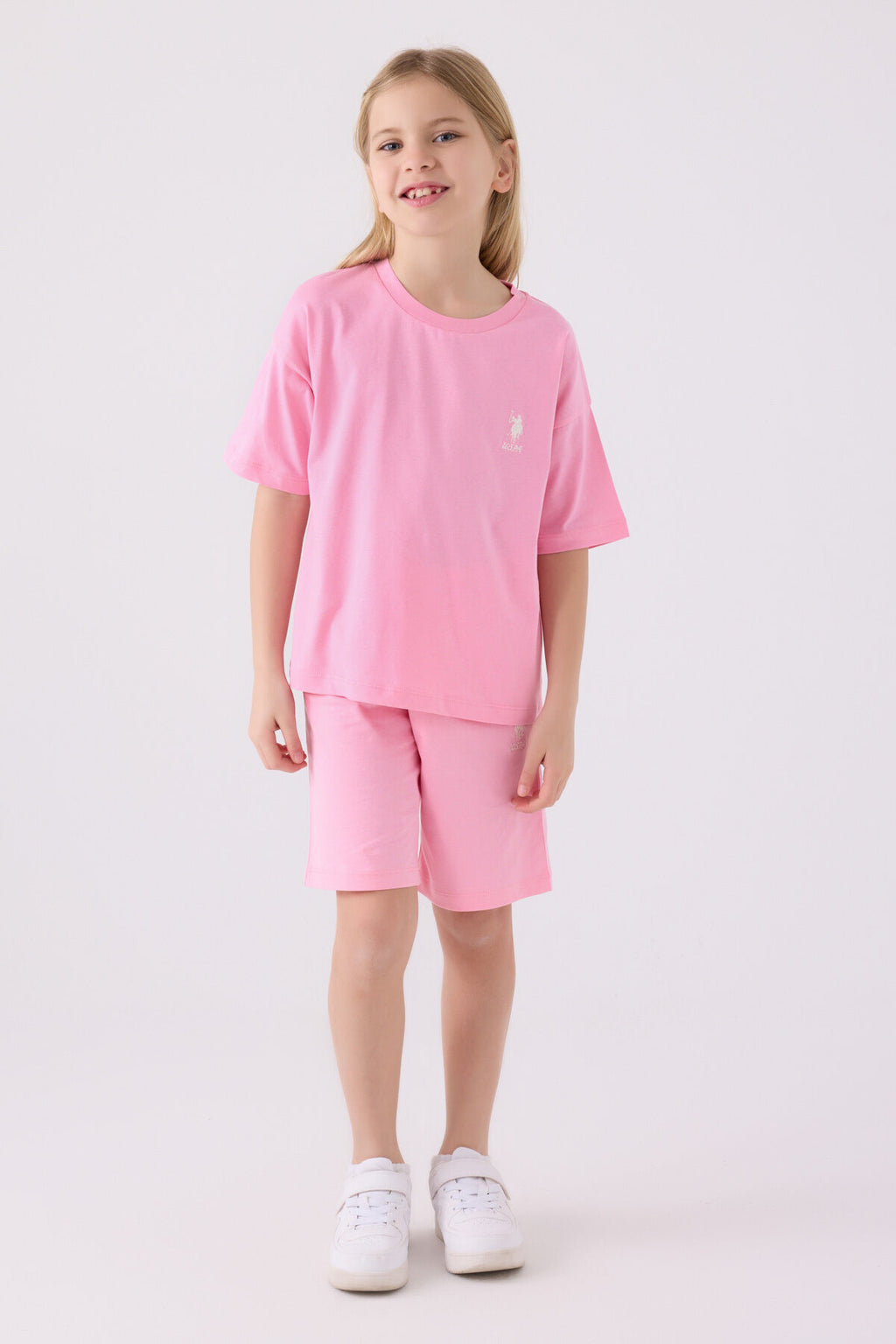 U.S. Polo Assn. Kız Çocuk Bisiklet Yaka Sargı Nakışlı Yazlık Regular Fit Pembe Bermuda Takım US1848-C-V21
