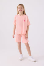 U.S. Polo Assn. Kız Çocuk Bisiklet Yaka Sargı Nakışlı Yazlık Regular Fit Pembe Bermuda Takım US1848-C-V31