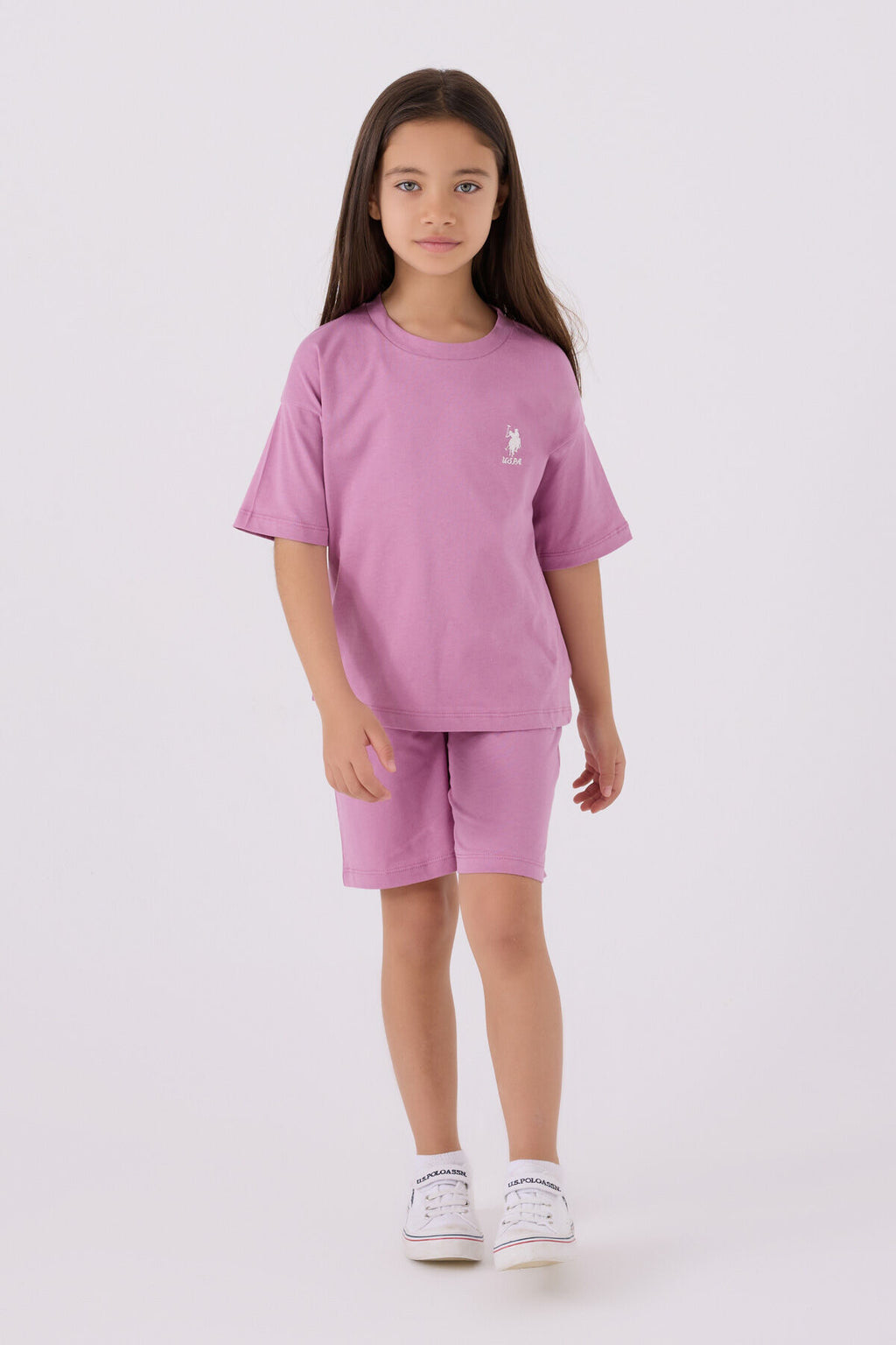 U.S. Polo Assn. Kız Çocuk Bisiklet Yaka Sargı Nakışlı Yazlık Regular Fit Mor Bermuda Takım US1848-C-V45
