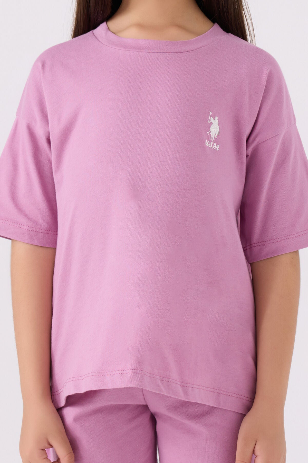 U.S. Polo Assn. Kız Çocuk Bisiklet Yaka Sargı Nakışlı Yazlık Regular Fit Mor Bermuda Takım US1848-C-V45