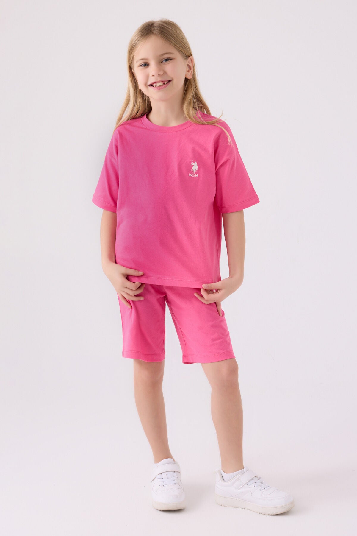 U.S. Polo Assn. Kız Çocuk Bisiklet Yaka Sargı Nakışlı Yazlık Regular Fit Pembe Bermuda Takım US1848-C-V6 Ürün ana görseli