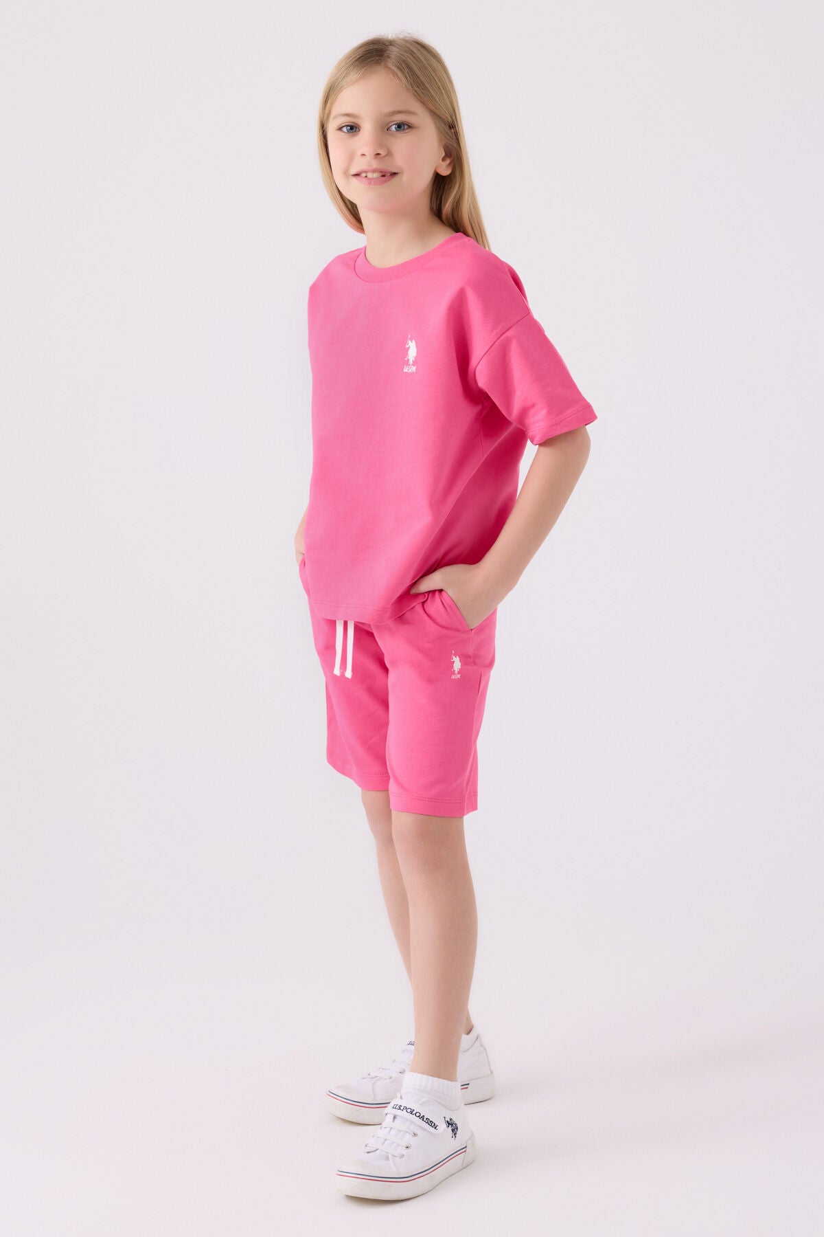 U.S. Polo Assn. Kız Çocuk Bisiklet Yaka Sargı Nakışlı Yazlık Regular Fit Pembe Bermuda Takım US1850-C-V13 Ürün ana görseli