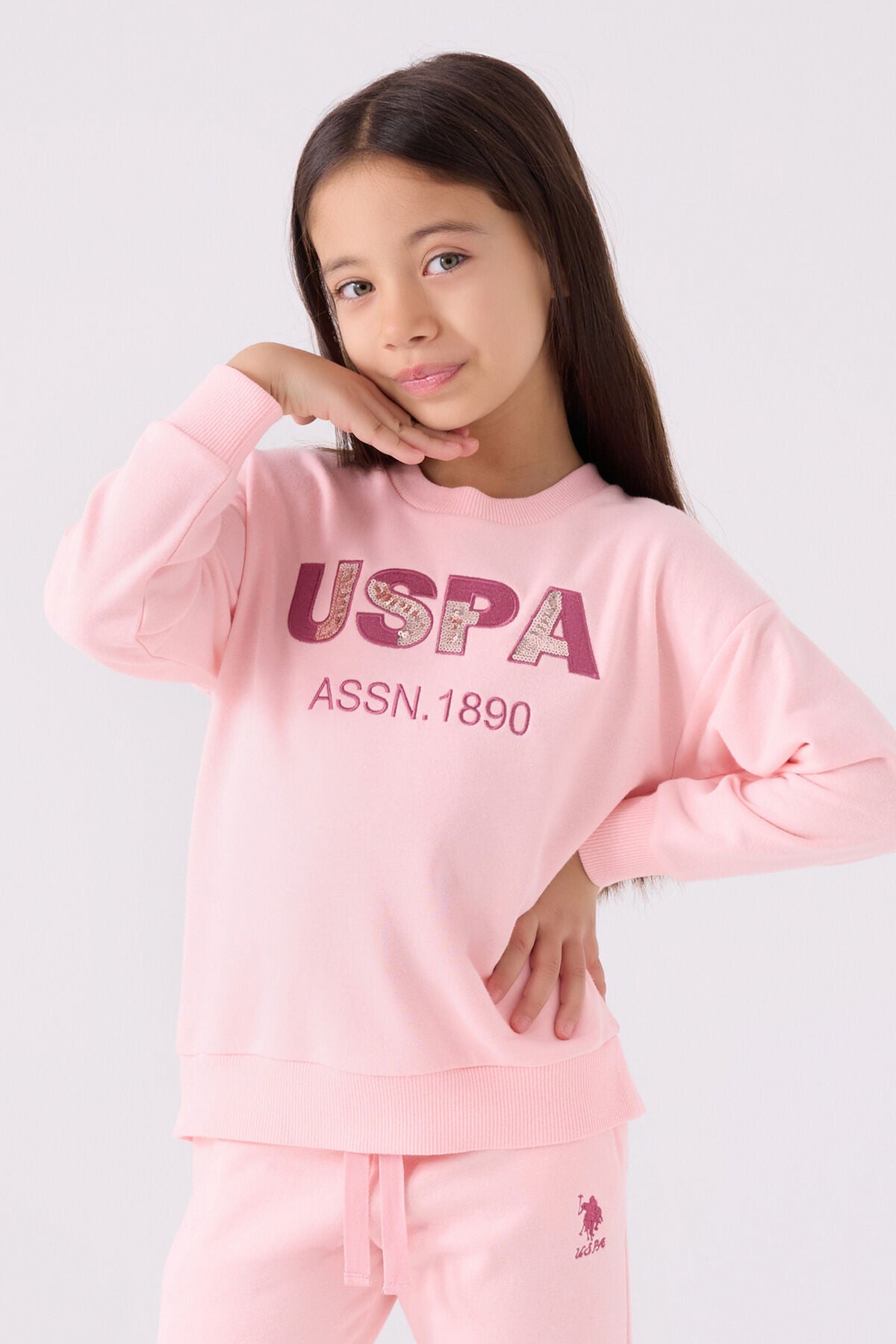 U.S. Polo Assn. Kız Çocuk Bisiklet Yaka Nakışlı Kışlık Regular Fit Pembe Eşofman Takımı US1969-C-V1
