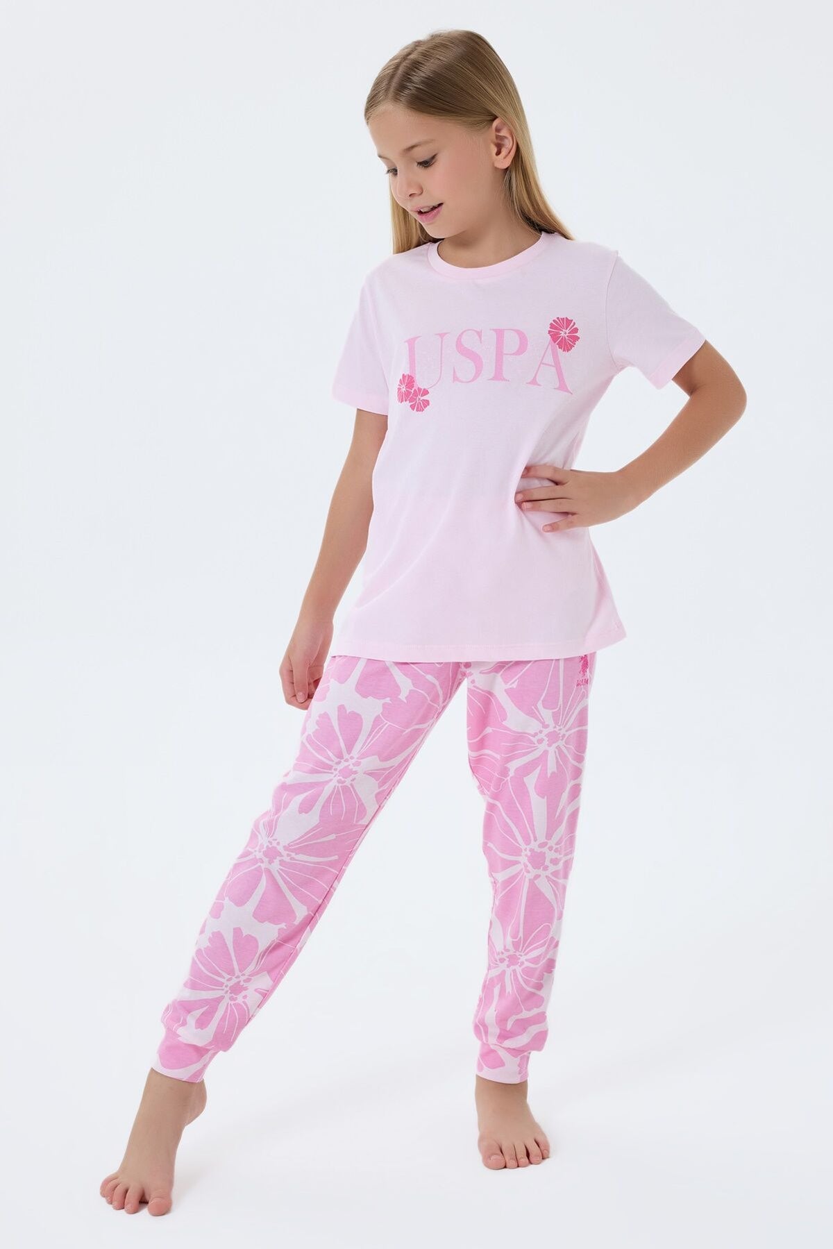 U.S. Polo Assn. Kız Çocuk Bisiklet Yaka Nakışlı Yazlık Regular Fit Pembe Pijama Takımı US2506-C-V1 Ürün ana görseli