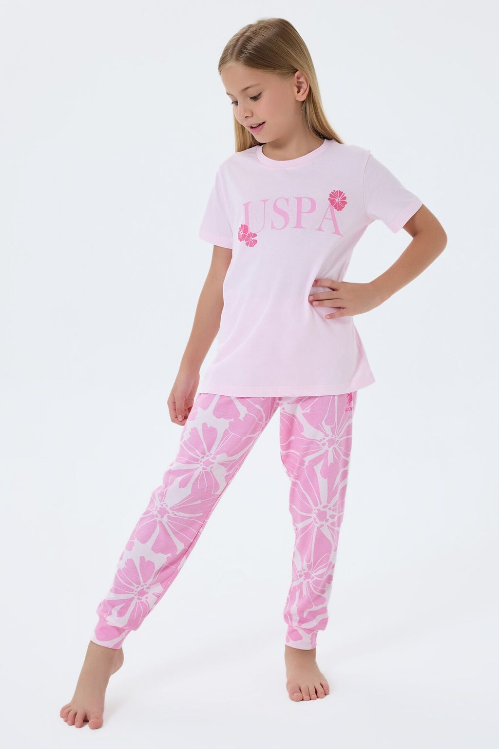 U.S. Polo Assn. Kız Çocuk Bisiklet Yaka Nakışlı Yazlık Regular Fit Pembe Pijama Takımı US2506-C-V1