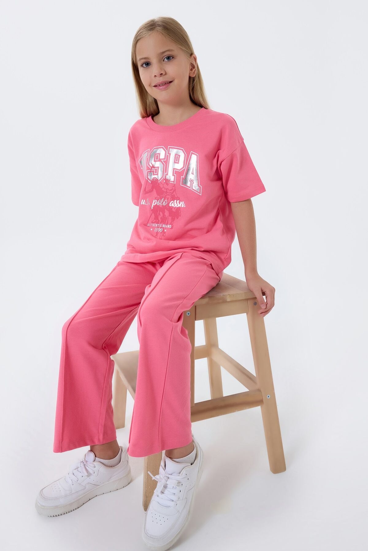 U.S. Polo Assn. Kız Çocuk Bisiklet Yaka Nakışlı Yazlık Regular Fit Pembe Pijama Takımı US2509-C-V1
