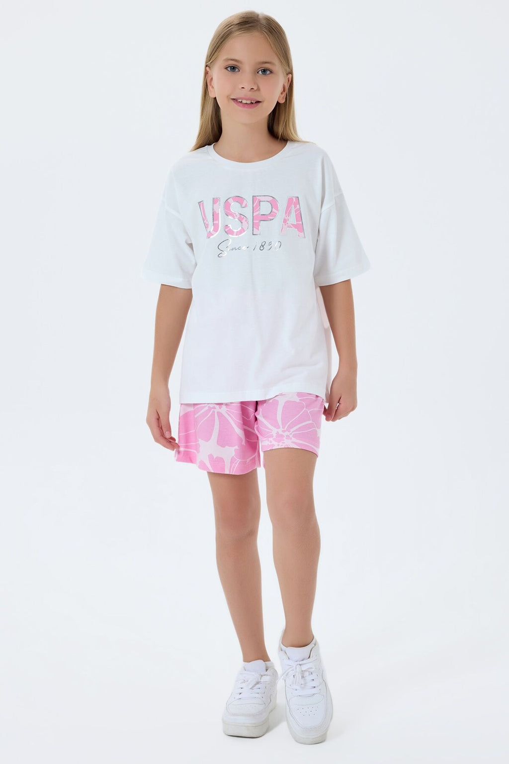 U.S. Polo Assn. Kız Çocuk Bisiklet Yaka Nakışlı Yazlık Regular Fit Pembe Şort Takım US2507-C-V1