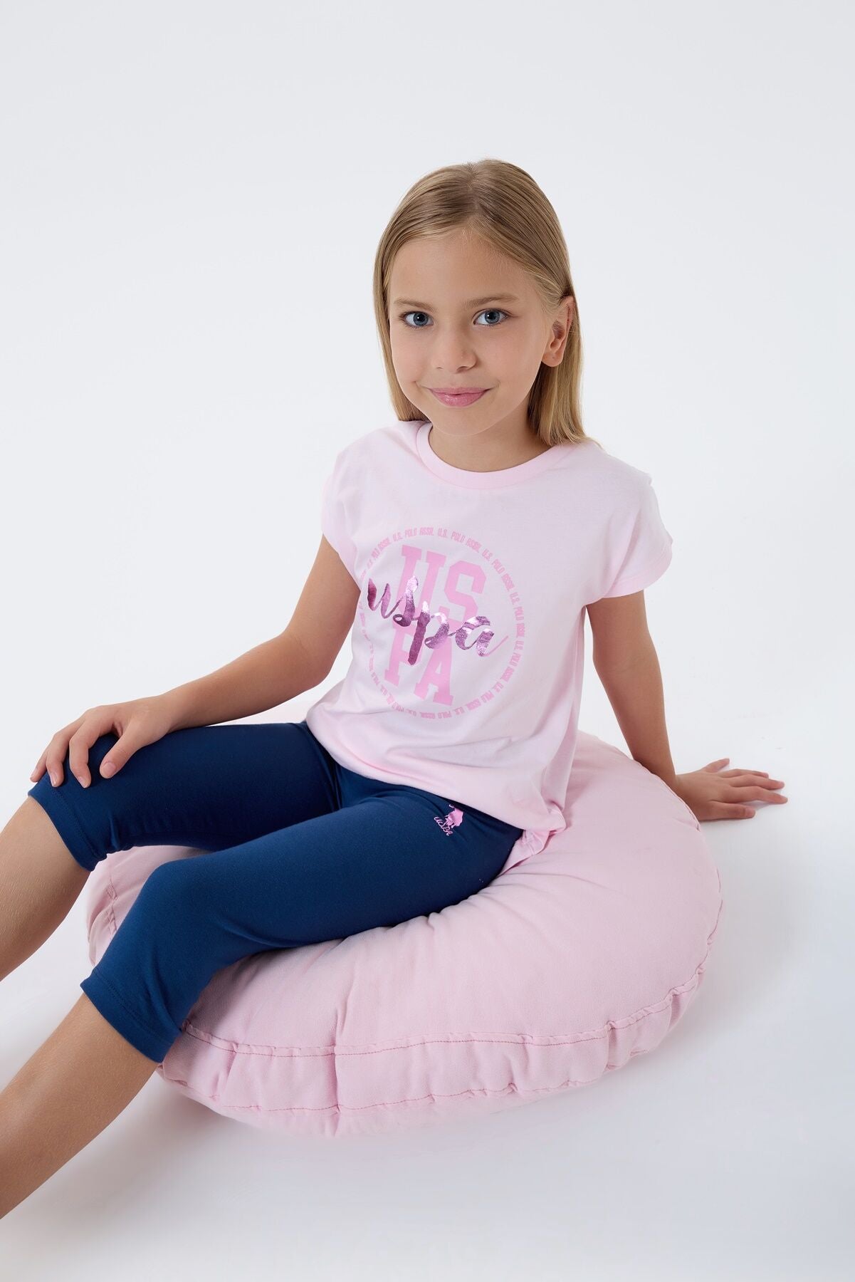 U.S. Polo Assn. Kız Çocuk Bisiklet Yaka Nakışlı Yazlık Relaxed Fit Pembe Tayt Takım US2511-C-V1 Ürün ana görseli