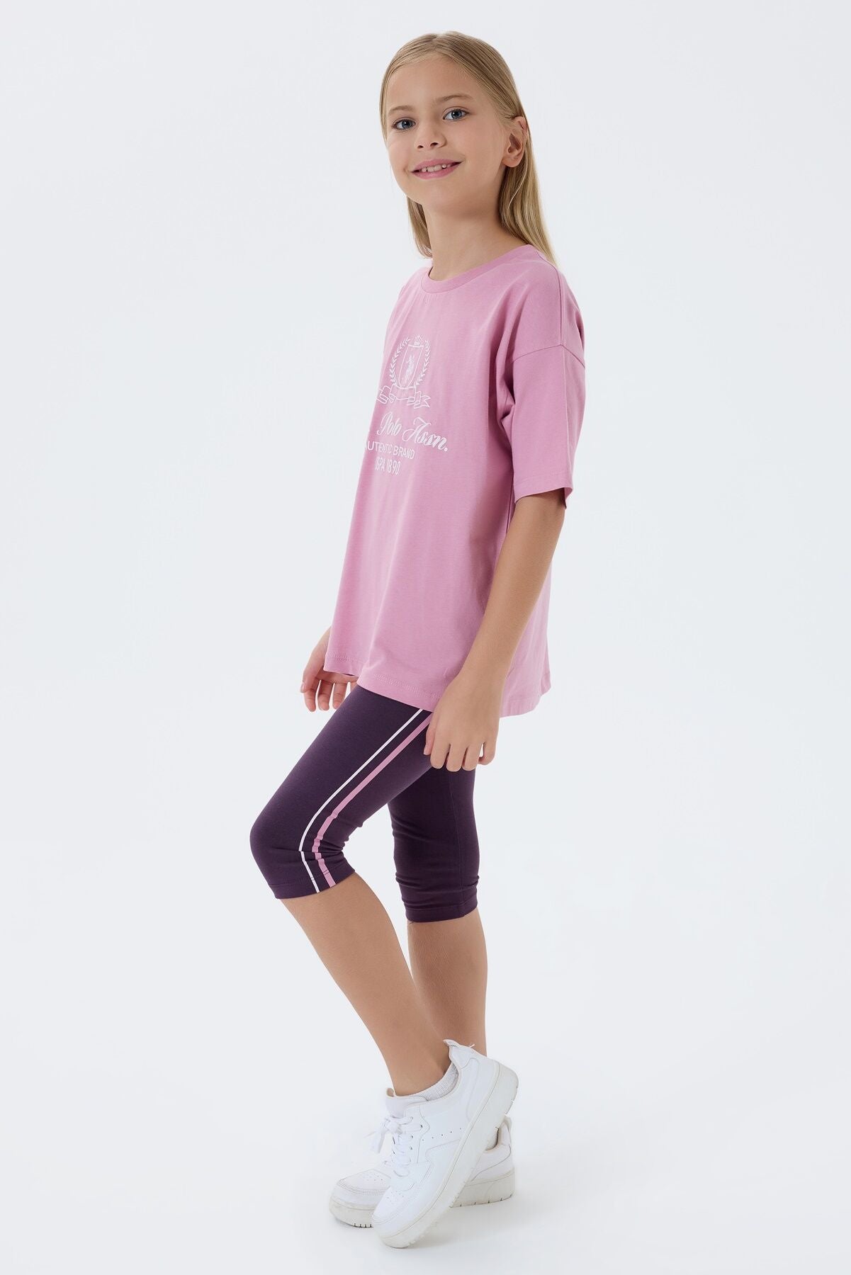 U.S. Polo Assn. Kız Çocuk Bisiklet Yaka Nakışlı Yazlık Relaxed Fit Pembe Tayt Takım US2500-C-V2 Ürün ikincil görseli
