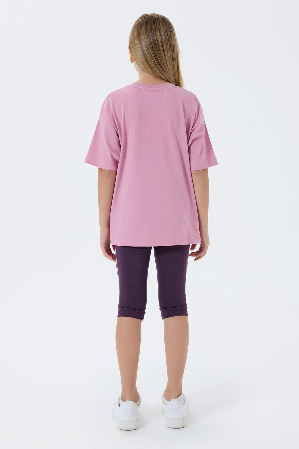 U.S. Polo Assn. Kız Çocuk Bisiklet Yaka Nakışlı Yazlık Relaxed Fit Pembe Tayt Takım US2500-C-V2