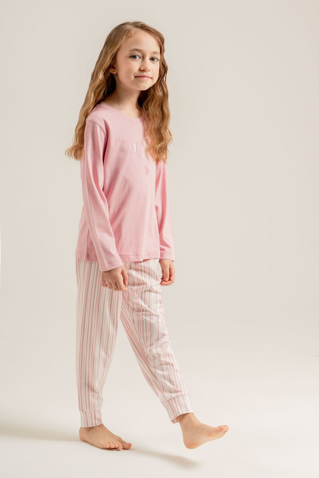 U.S. Polo Assn. Kız Çocuk Pijama Takımı Baskılı Pembe Uzun Kol Pijama Takımı US2727-C-V1