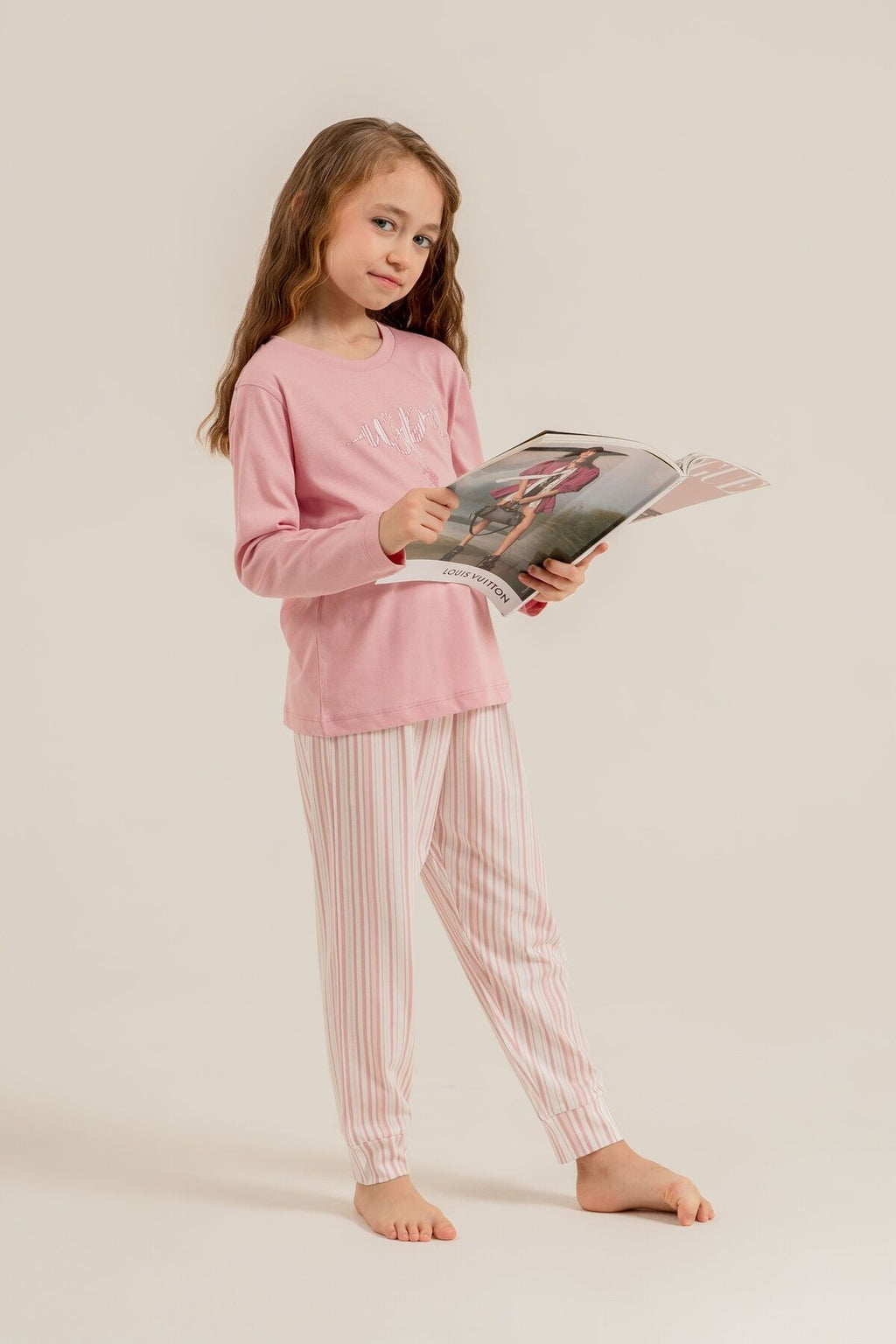 U.S. Polo Assn. Kız Çocuk Pijama Takımı Baskılı Pembe Uzun Kol Pijama Takımı US2727-C-V1