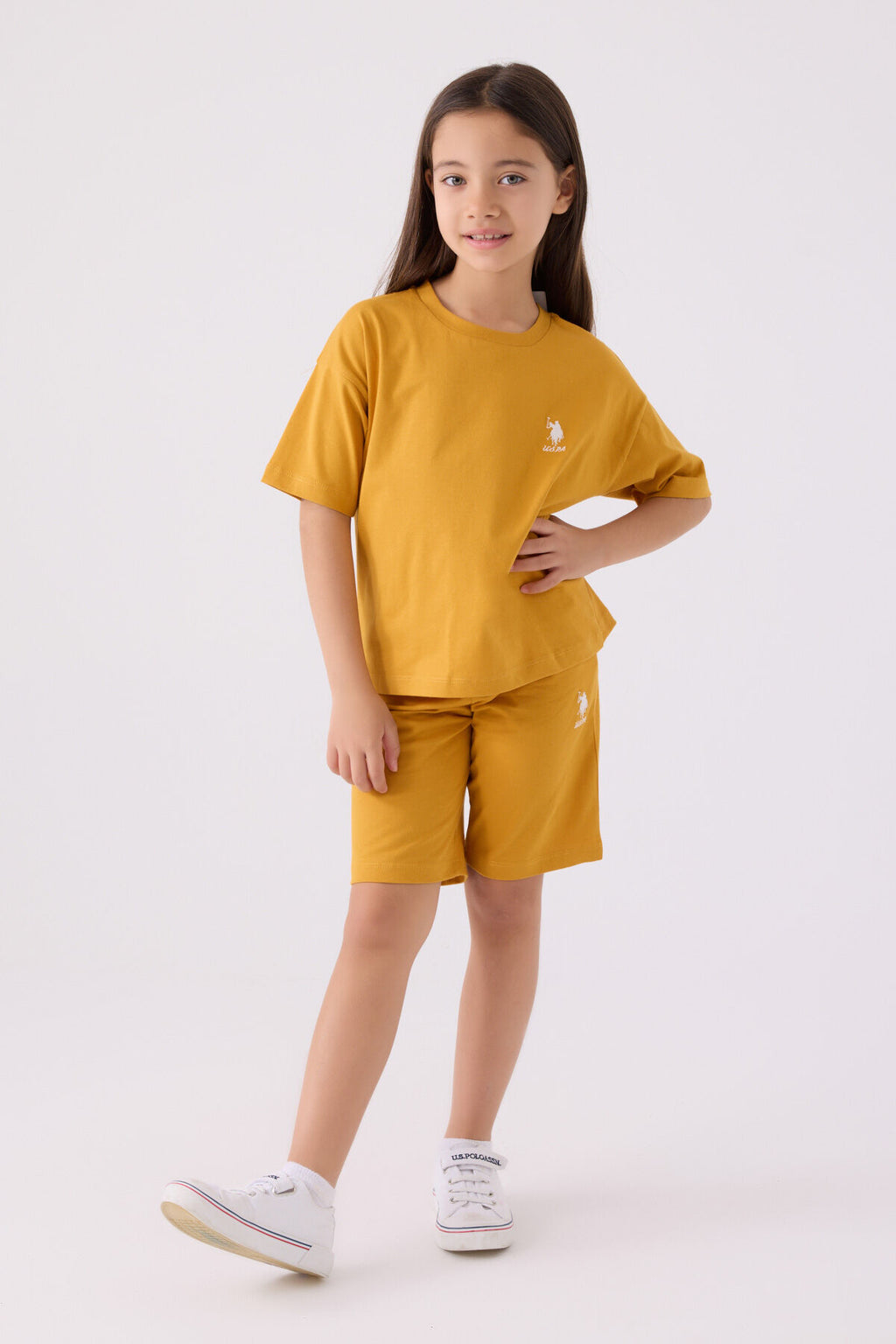 U.S. Polo Assn. Kız Çocuk Bisiklet Yaka Sargı Nakışlı Yazlık Regular Fit Sarı Bermuda Takım US1848-C-V12
