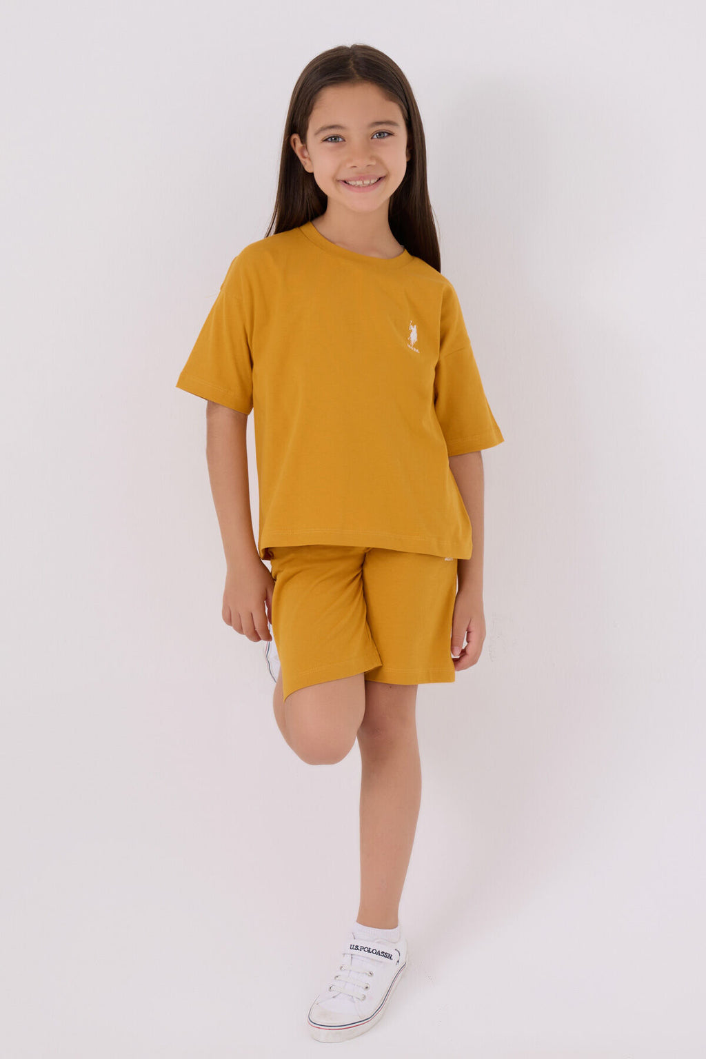 U.S. Polo Assn. Kız Çocuk Bisiklet Yaka Sargı Nakışlı Yazlık Regular Fit Sarı Bermuda Takım US1848-C-V12