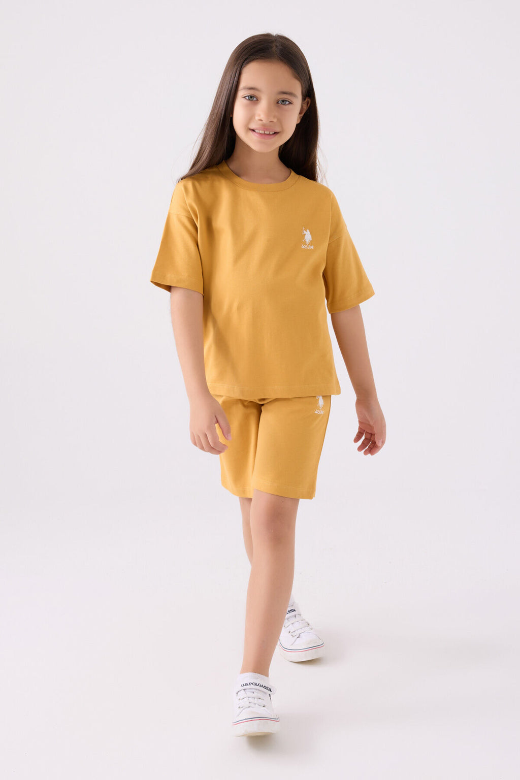 U.S. Polo Assn. Kız Çocuk Bisiklet Yaka Sargı Nakışlı Yazlık Regular Fit Sarı Bermuda Takım US1848-C-V38