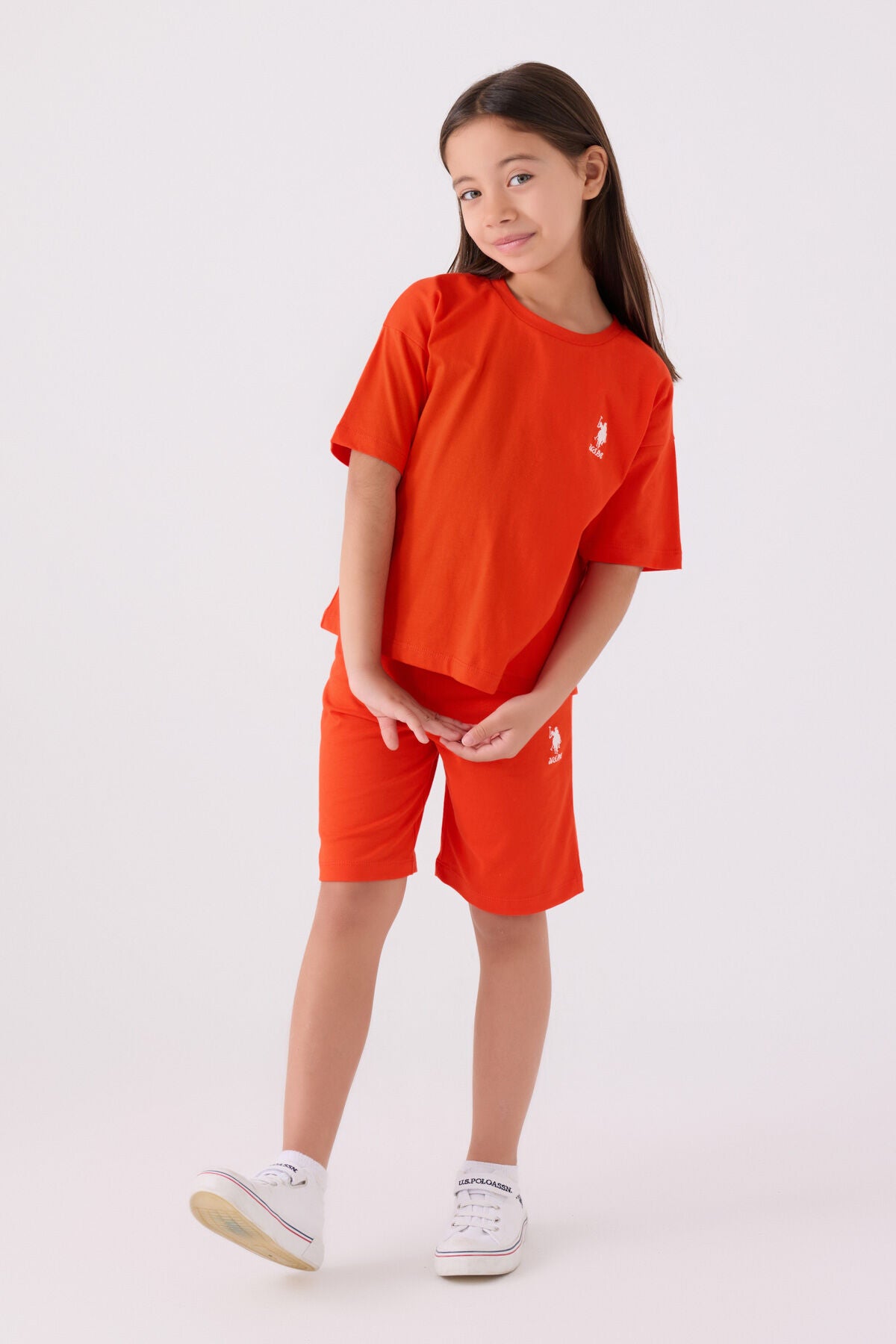 U.S. Polo Assn. Kız Çocuk Bisiklet Yaka Sargı Nakışlı Yazlık Regular Fit Turuncu Bermuda Takım US1848-C-V25 Ürün ana görseli