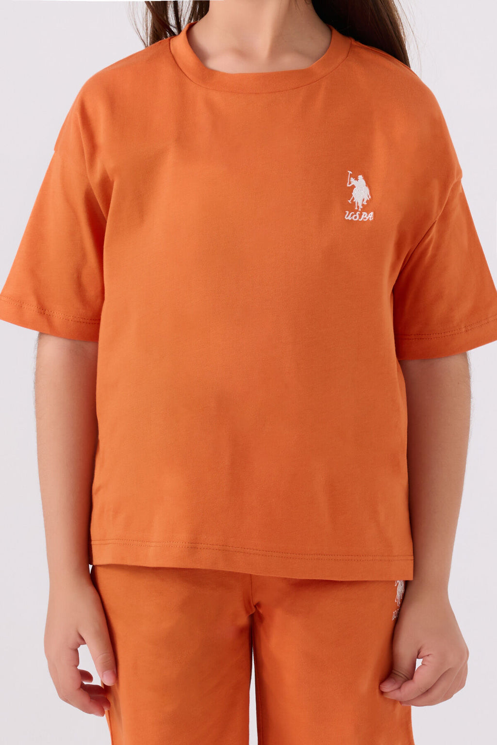 U.S. Polo Assn. Kız Çocuk Bisiklet Yaka Sargı Nakışlı Yazlık Regular Fit Turuncu Bermuda Takım US1848-C-V56