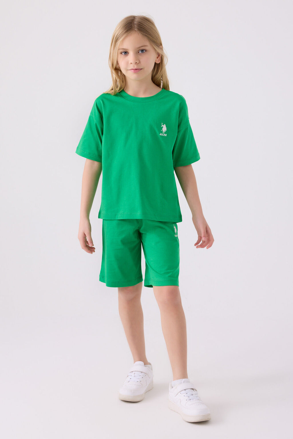 U.S. Polo Assn. Kız Çocuk Bisiklet Yaka Sargı Nakışlı Yazlık Regular Fit Yeşil Bermuda Takım US1848-C-V1