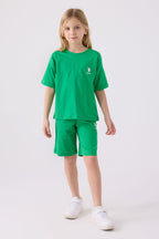 U.S. Polo Assn. Kız Çocuk Bisiklet Yaka Sargı Nakışlı Yazlık Regular Fit Yeşil Bermuda Takım US1848-C-V1