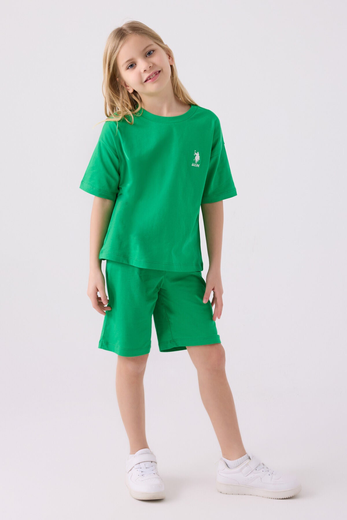 U.S. Polo Assn. Kız Çocuk Bisiklet Yaka Sargı Nakışlı Yazlık Regular Fit Yeşil Bermuda Takım US1848-C-V1