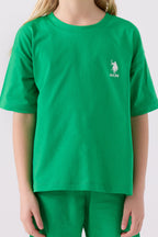 U.S. Polo Assn. Kız Çocuk Bisiklet Yaka Sargı Nakışlı Yazlık Regular Fit Yeşil Bermuda Takım US1848-C-V1