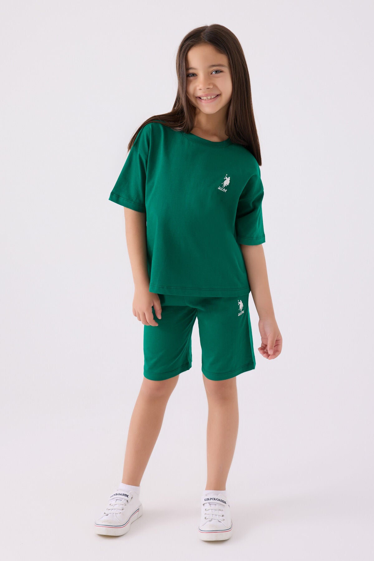 U.S. Polo Assn. Kız Çocuk Bisiklet Yaka Sargı Nakışlı Yazlık Regular Fit Yeşil Bermuda Takım US1848-C-V10 Ürün ana görseli