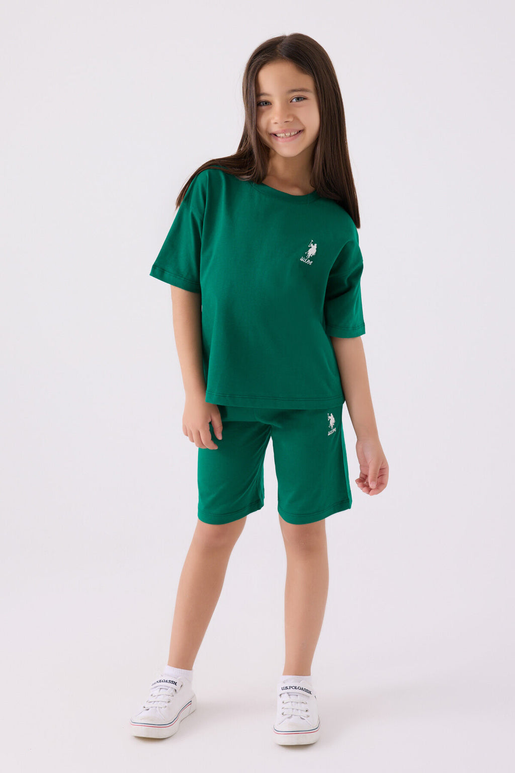 U.S. Polo Assn. Kız Çocuk Bisiklet Yaka Sargı Nakışlı Yazlık Regular Fit Yeşil Bermuda Takım US1848-C-V10