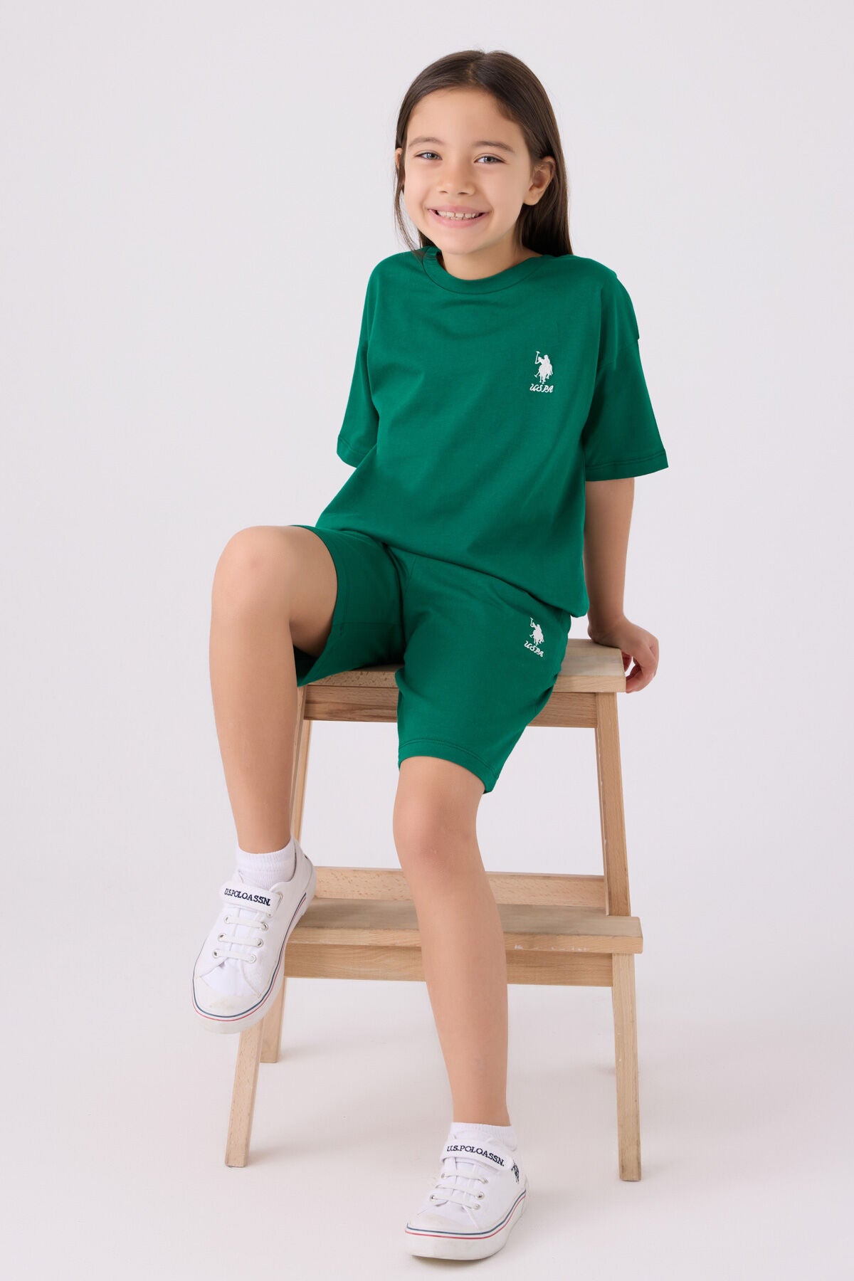 U.S. Polo Assn. Kız Çocuk Bisiklet Yaka Sargı Nakışlı Yazlık Regular Fit Yeşil Bermuda Takım US1848-C-V10