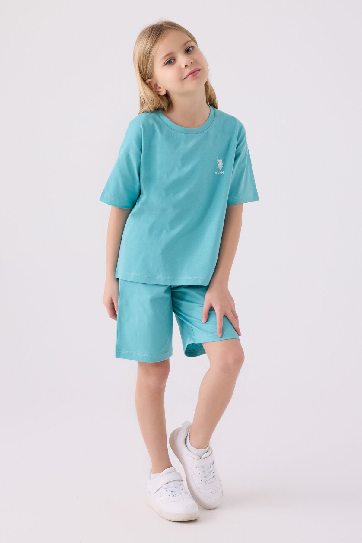 U.S. Polo Assn. Kız Çocuk Bisiklet Yaka Sargı Nakışlı Yazlık Regular Fit Mavi Bermuda Takım US1848-C-V11 Ürün ana görseli