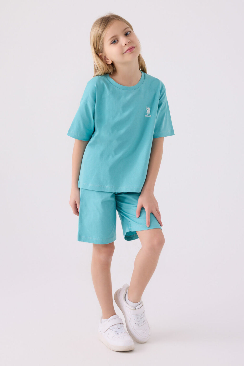 U.S. Polo Assn. Kız Çocuk Bisiklet Yaka Sargı Nakışlı Yazlık Regular Fit Mavi Bermuda Takım US1848-C-V11