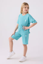 U.S. Polo Assn. Kız Çocuk Bisiklet Yaka Sargı Nakışlı Yazlık Regular Fit Mavi Bermuda Takım US1848-C-V11